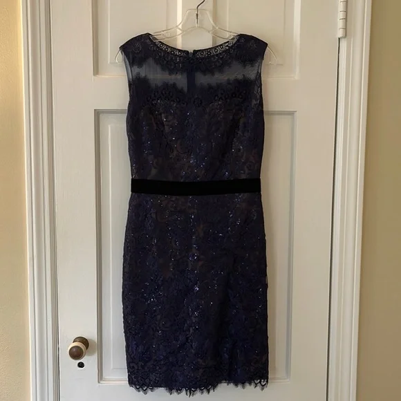 Marchesa Notte Blue Lace Sequin Midi Dress